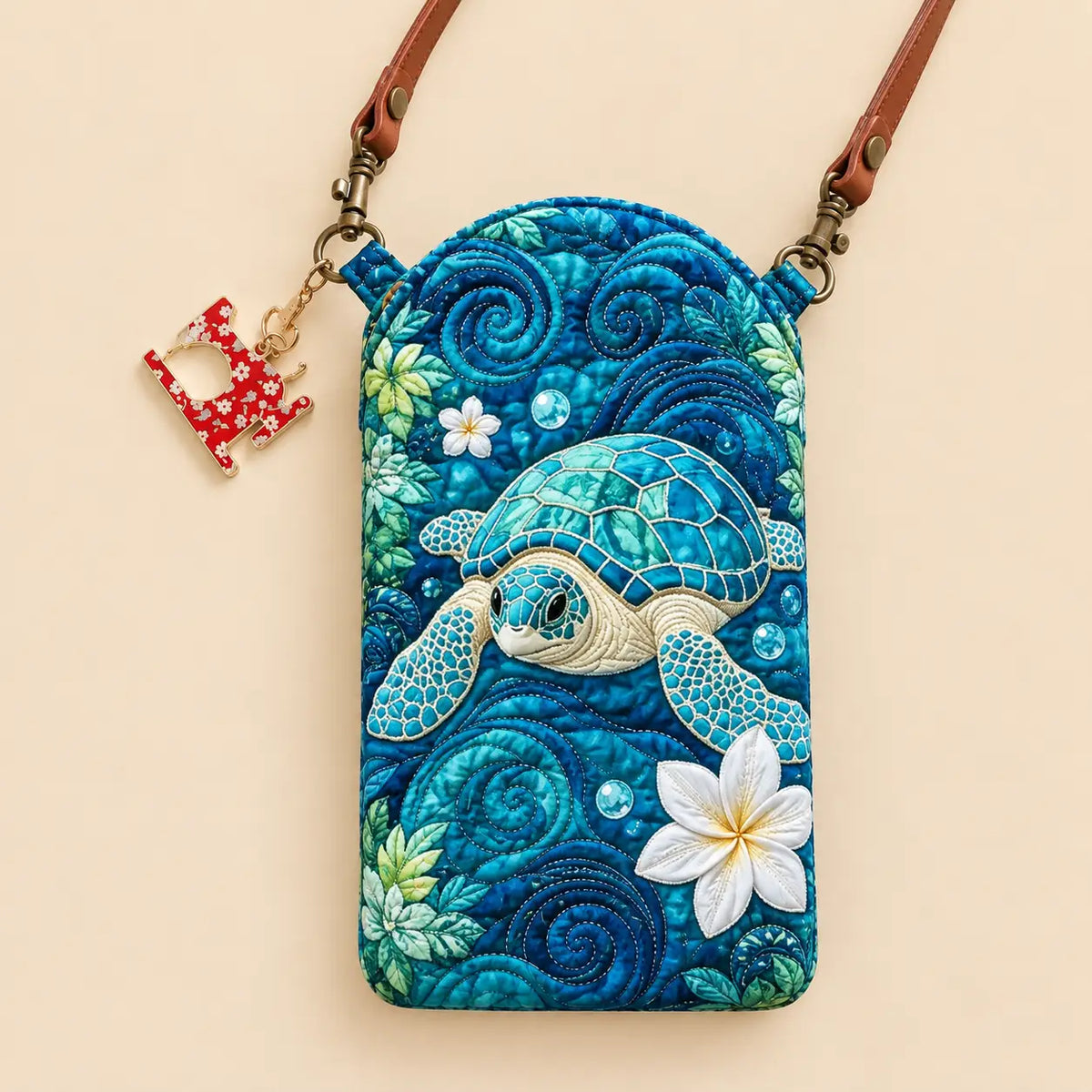 Ocean Turtle Floral Quilted Slim Phone Crossbody Bag