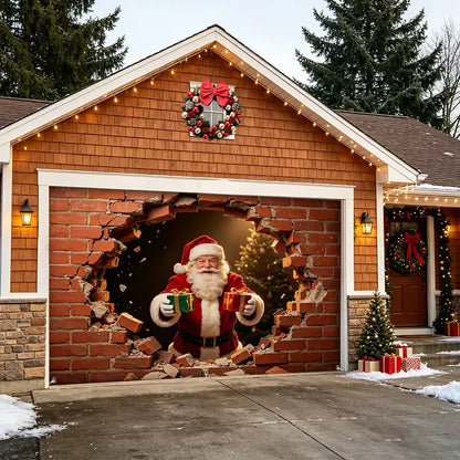 Santa Breaking Brick Wall Garage Door Banner Decoration