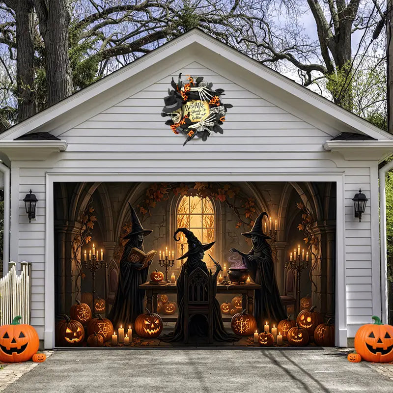 Three Witches Pumpkin Halloween Garage Door Banner Decoration