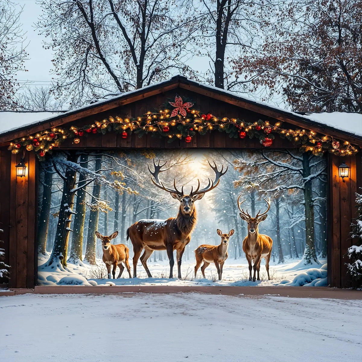 Majestic Reindeer Family In Winter Wonderland Garage Door Banner Decoration