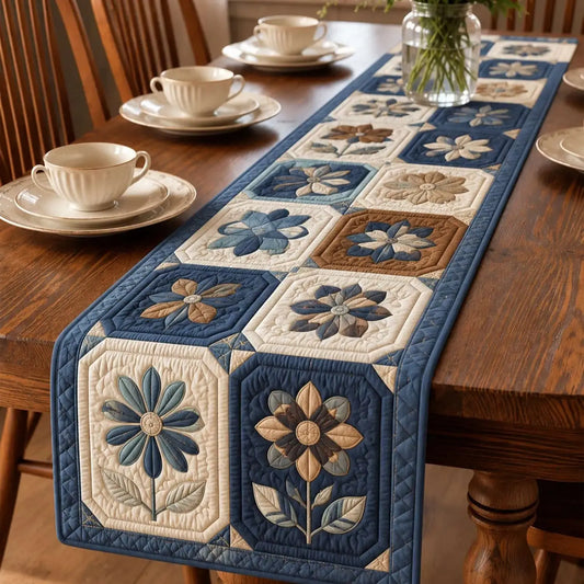 Cottagecore Navy Blue Patchwork Floral Quilted Table Runner