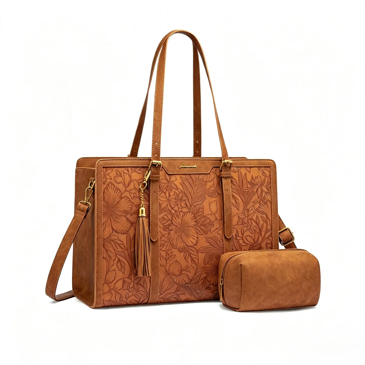 Vintage Embossed Leather Laptop Tote Set