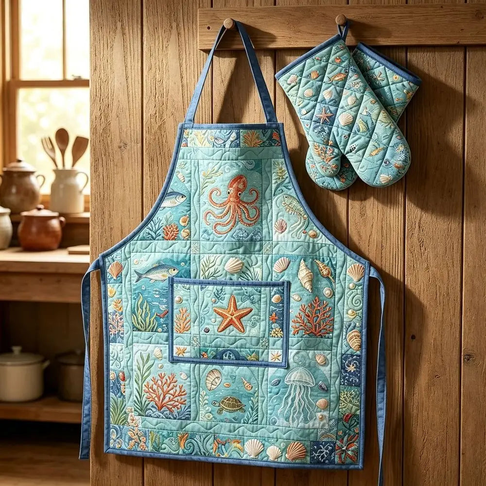 Ocean Creatures Quilted Apron Set (2-Piece) – Padded Apron + Heat-Resistant Oven Mitts