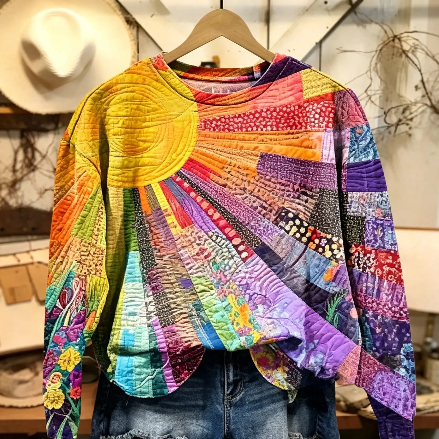 Rainbow Patchwork Colorful Boho Style Sweatshirt