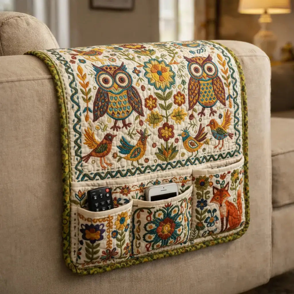 Folk Owl Garden Quilted Sofa Armrest Organizer