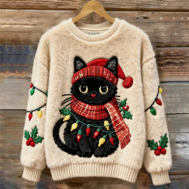 Christmas Black Cat With Scarf Cozy Plush Sweatshirt
