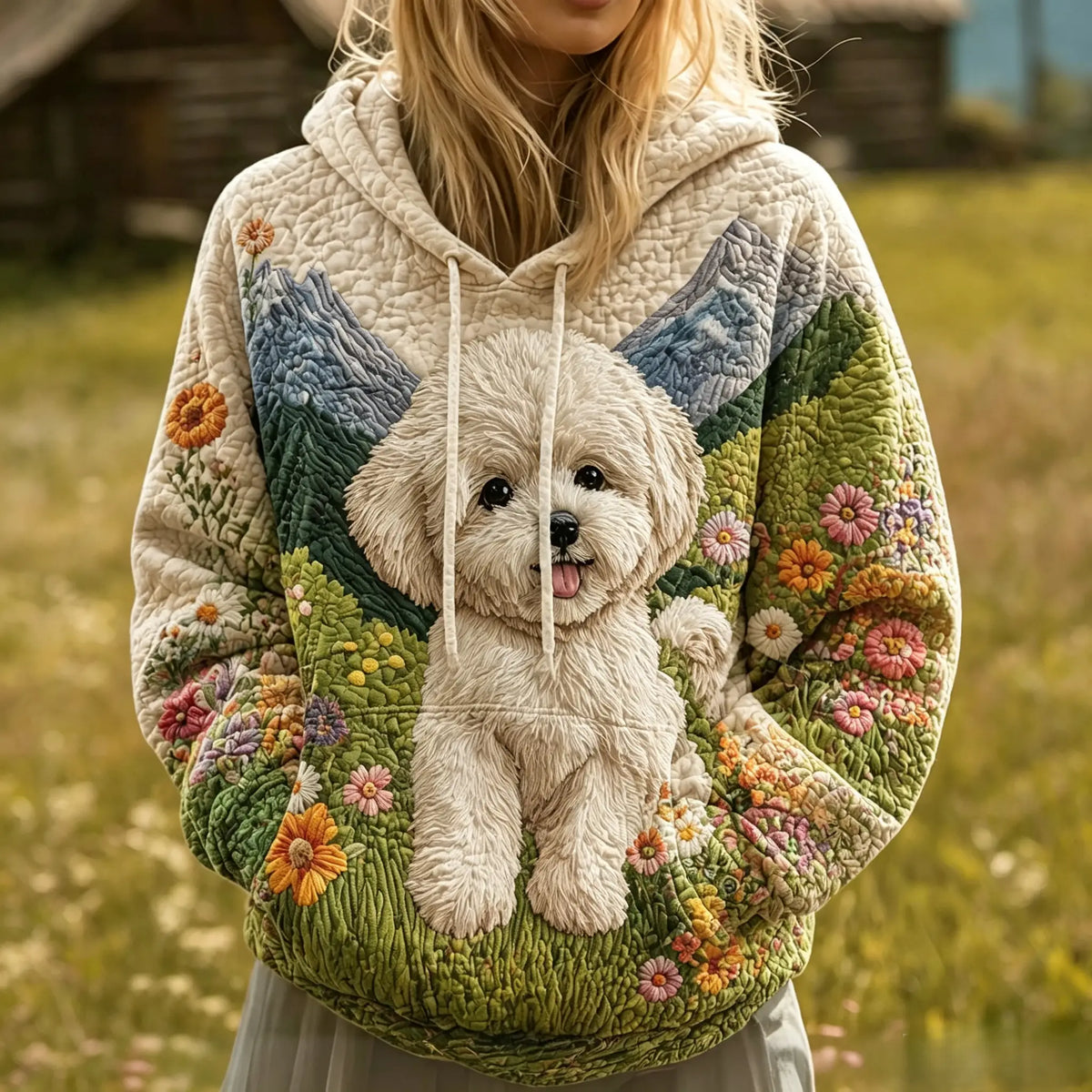 Bichon Frise Floral Mountain Quilted Casual Hoodie