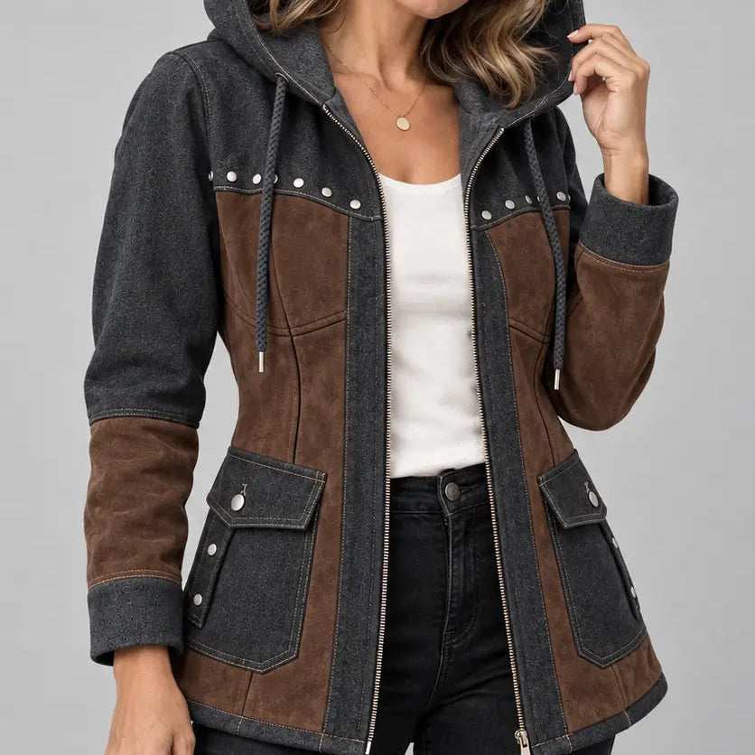 Women's Denim Jackets Long Hooded Patchwork Zip Up Jacket