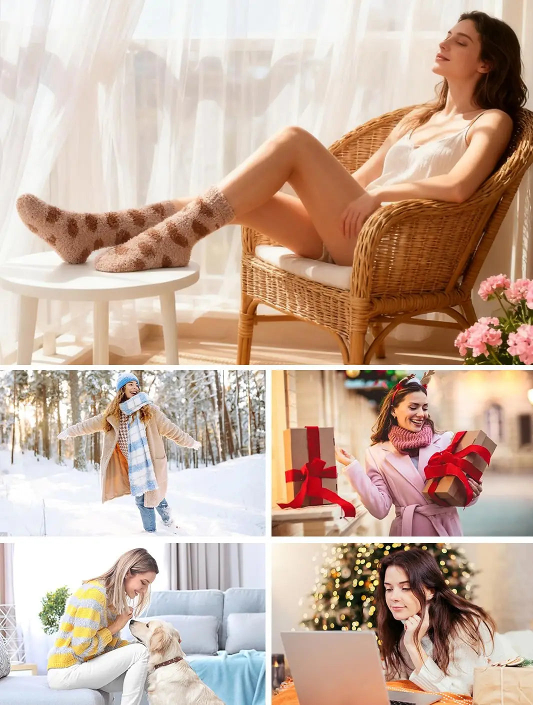 Blue Heart Snowflake Fall Cozy Fluffy Slipper Socks 5 Pairs