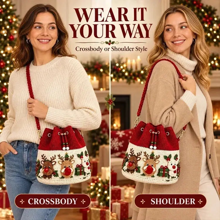 🎄3D Crochet Christmas Bucket Bag✨Festive Crossbody Purse with Detachable Strap