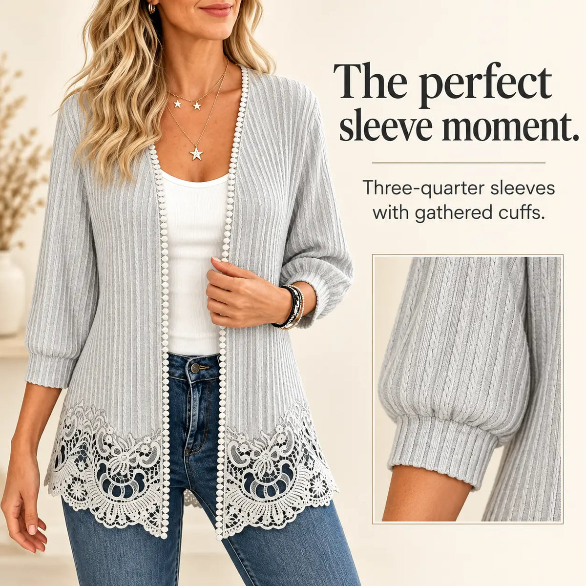 Women's Crochet Lace Trim Open-Front Cardigan