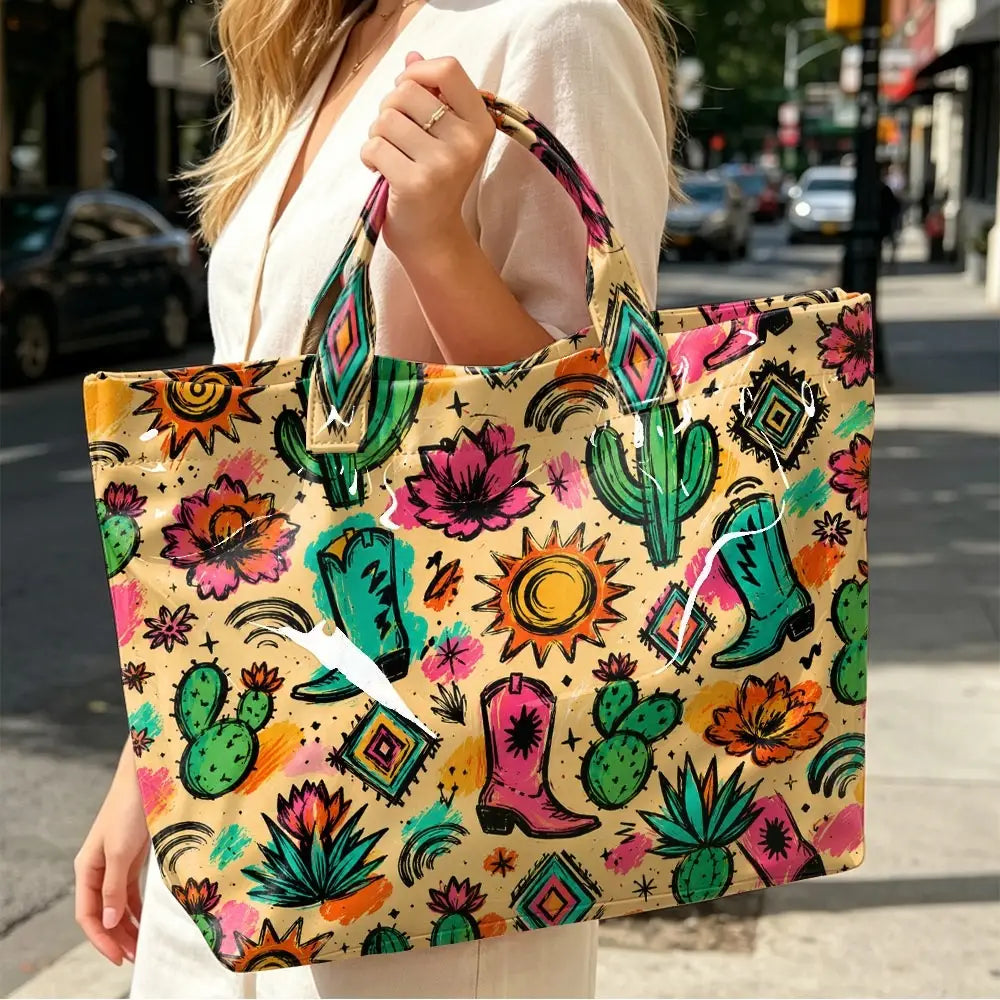 Western Cactus Cowboy Boot Print PVC Tote Bag