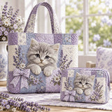 2pcs Kitten Lavender Floral Quilted Tote Bag Set