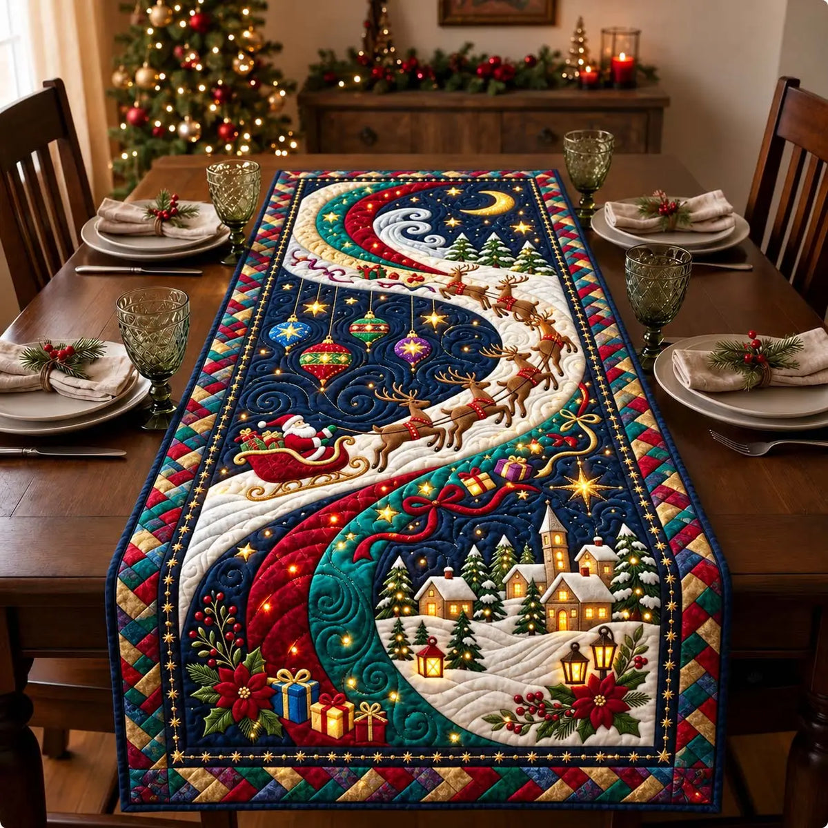 Midnight Sleigh Journey Quilted Table Runner