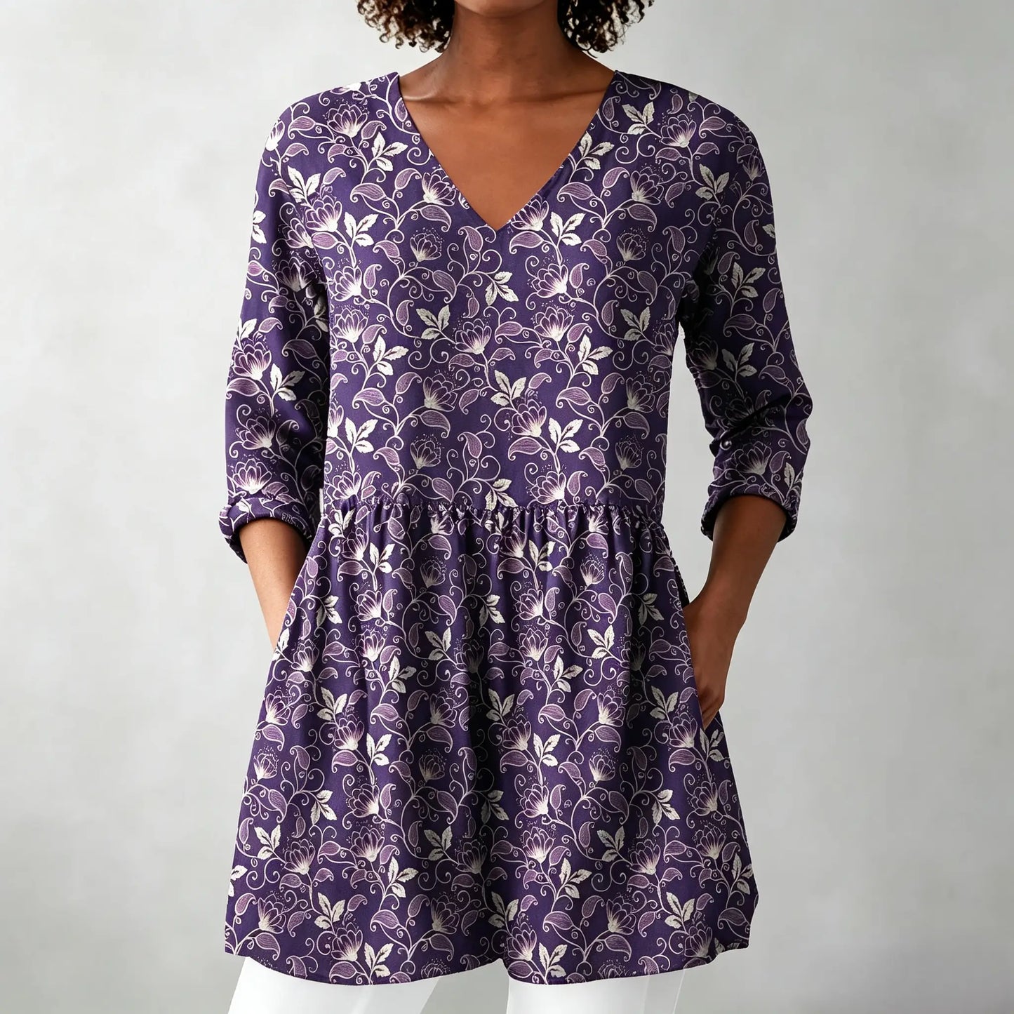 Flower Printing Long Blouse Eith A Striking Pattern