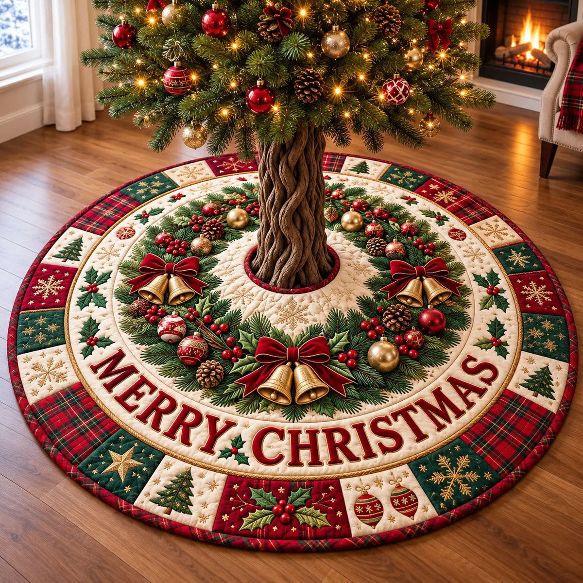 Merry Christmas Bell Quilted Tree Skirt