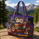 Floral Book Multiple Pockets Quilted Tote Bag