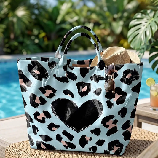 Blue Leopard Print And Hearts PVC Tote Bag