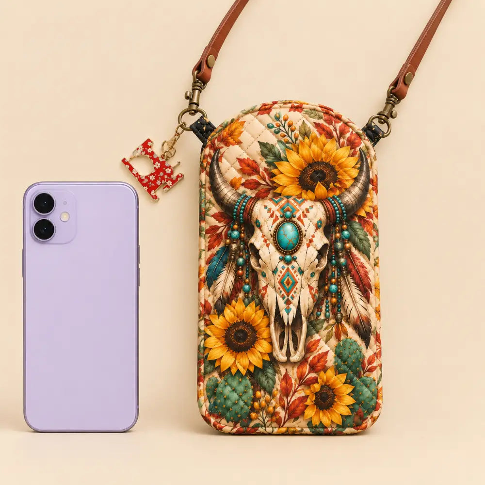 Western Bull Skull Sunflower Quilted Slim Phone Crossbody Bag
