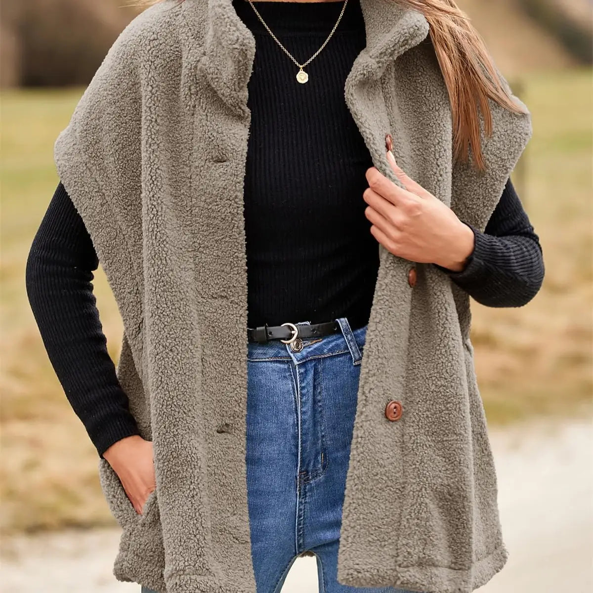 Womens Warm Button Down Sherpa Fleece-Look Vest
