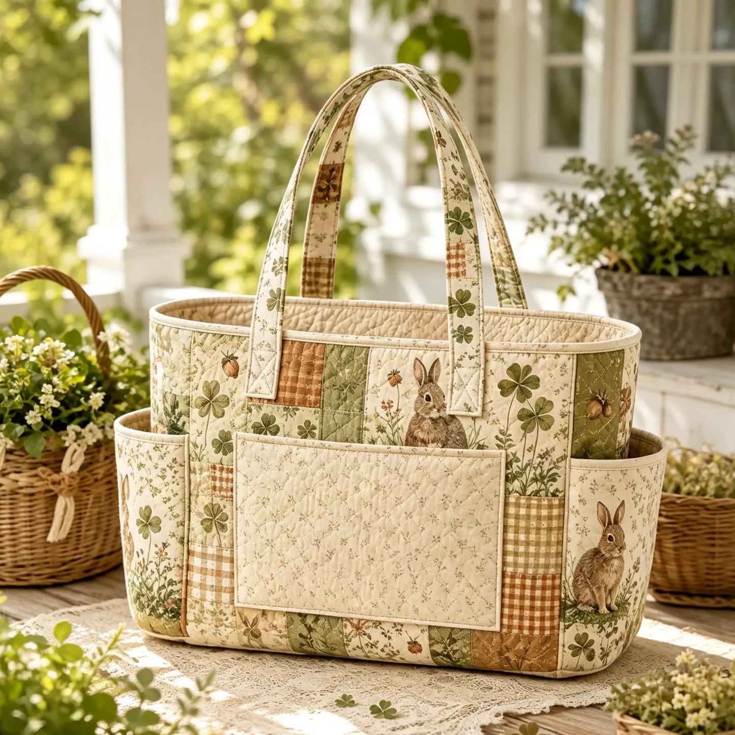Rabbit Clover Multiple Pockets Quilted Tote Bag