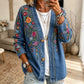 Collarless Soft-Denim-Look Button-Down Cardigan
