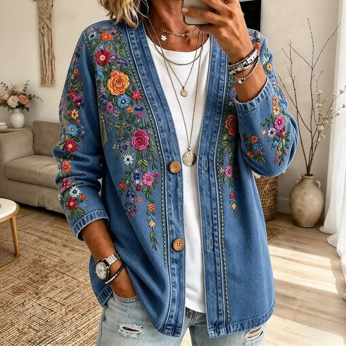 Collarless Soft-Denim-Look Button-Down Cardigan
