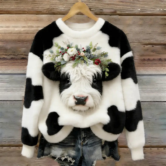 Floral Crown Cow Cozy Plush Sweatshirt