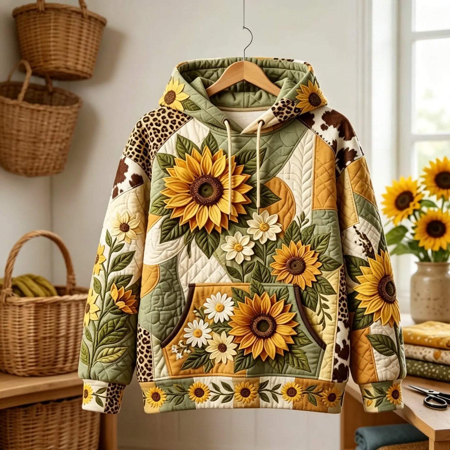 Sunflower Patch Quilted Casual Regular Fit Long Sleeve Hoodie Sweatshirt