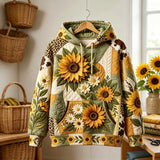 Sunflower Patch Quilted Casual Regular Fit Long Sleeve Hoodie Sweatshirt