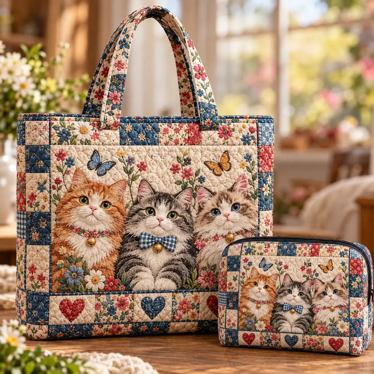 2pcs Three Bell-Collared Cats Quilted Tote Bag Set