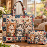 2pcs Three Bell-Collared Cats Quilted Tote Bag Set