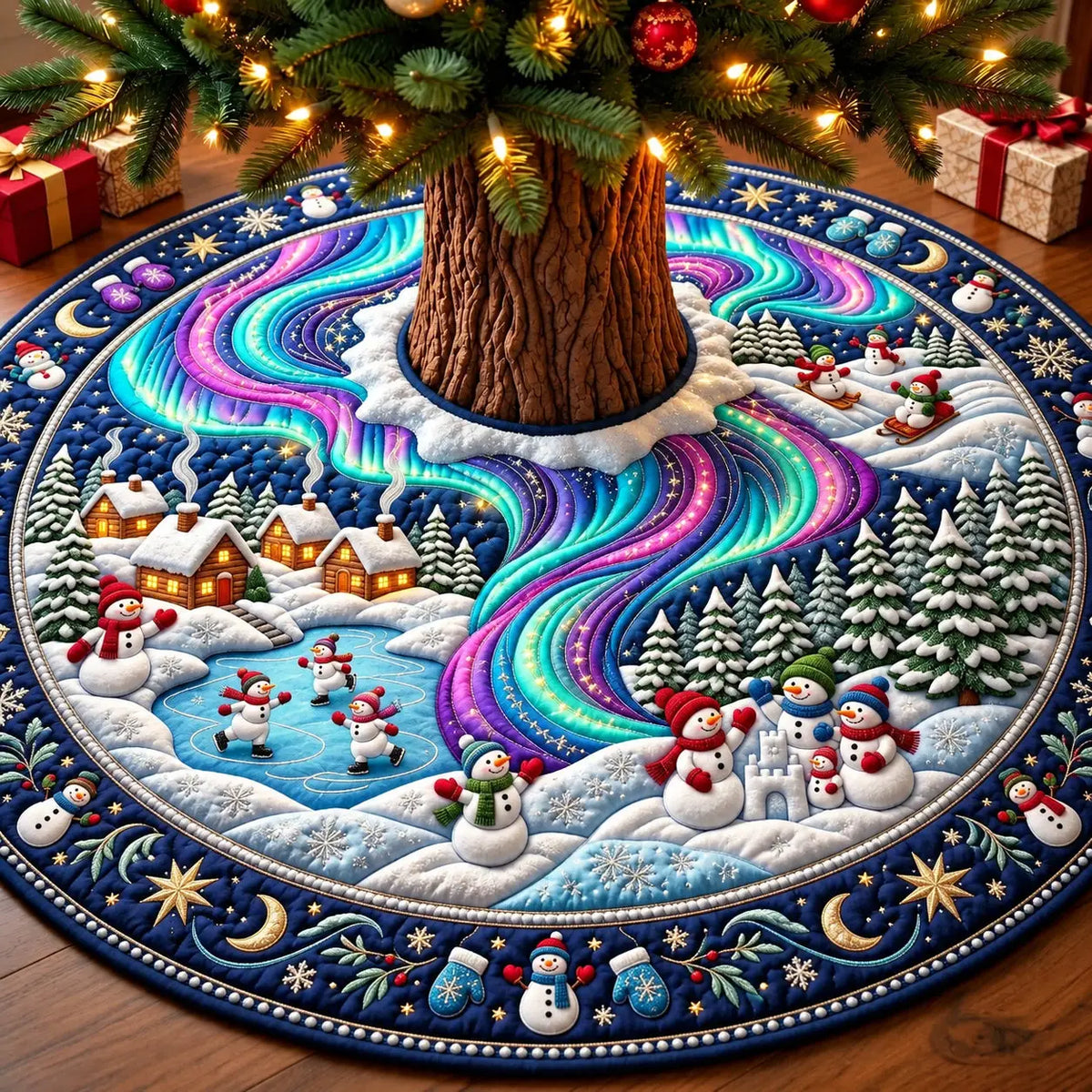 Snowman Northern Lights Wonderland Quilted Tree Skirt