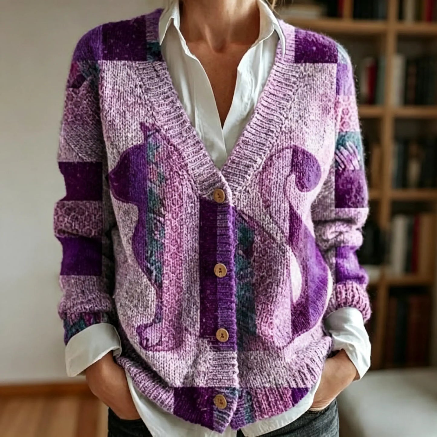 Women's Vintage Floral Art Pattern Print Buttoned Cardigan Sweater