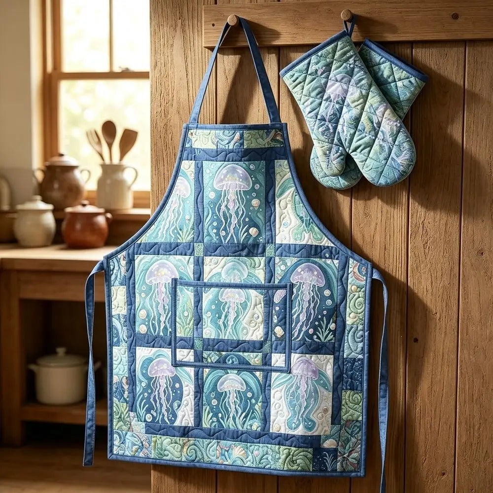 Jellyfish Quilted Apron Set (2-Piece) – Padded Apron + Heat-Resistant Oven Mitts