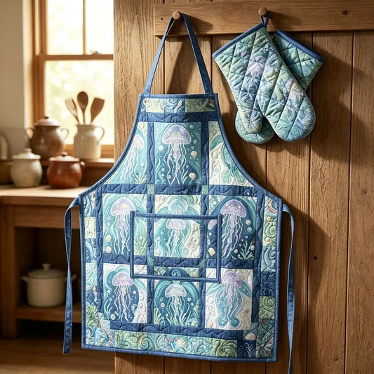 Jellyfish Quilted Apron Set (2-Piece) – Padded Apron + Heat-Resistant Oven Mitts