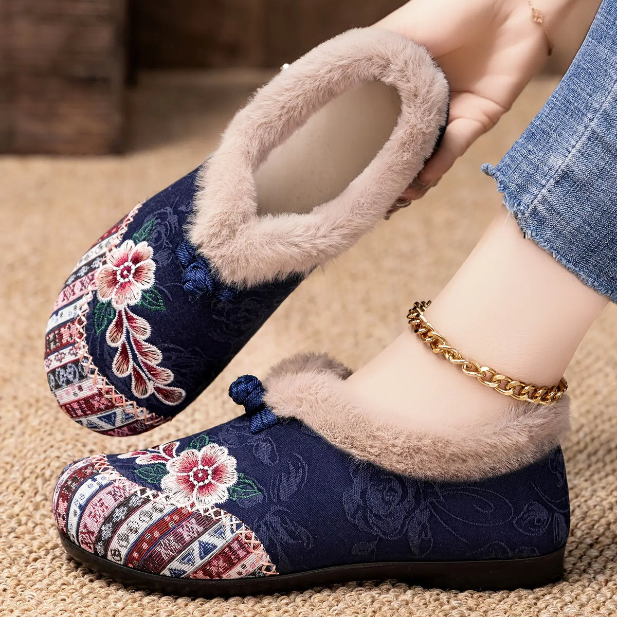 Women’s Winter Ankle Floral Embroidered Shoes