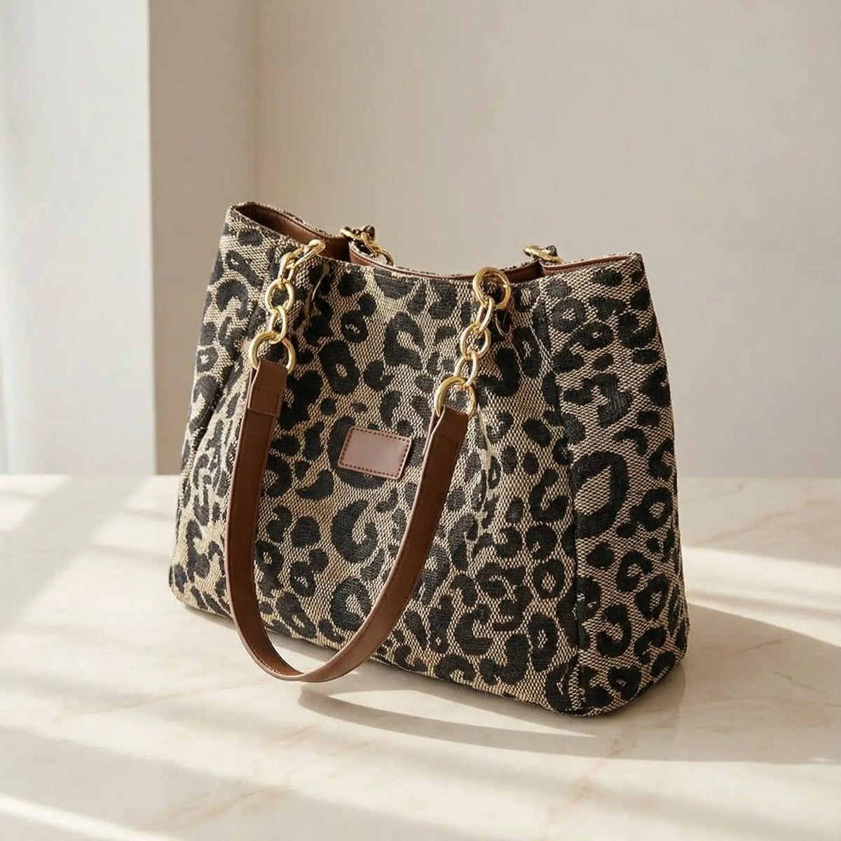 Leopard Print Tote with Chain Detail