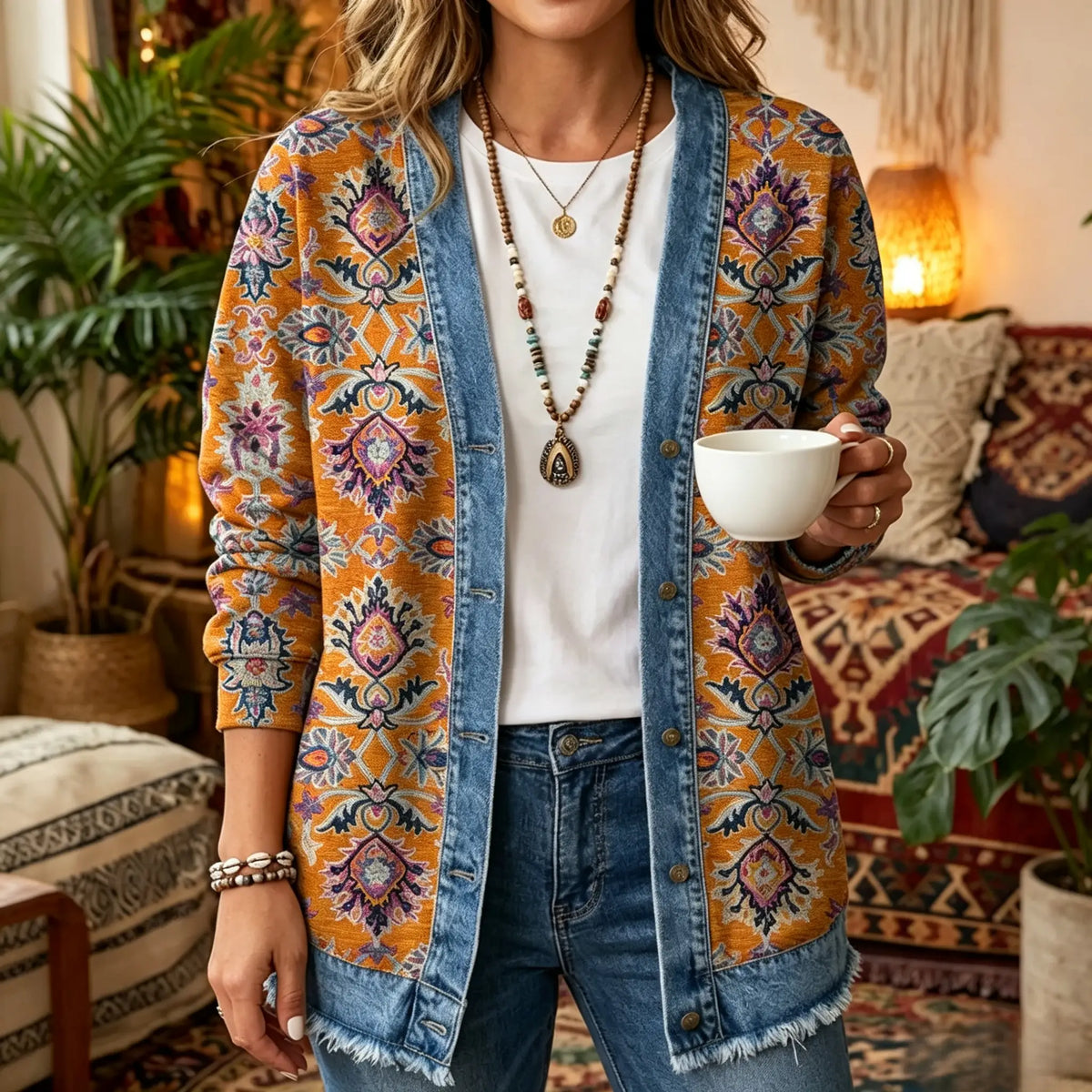 Mustard Tribal Pattern Print 3D Digital Printing Denim Shirt