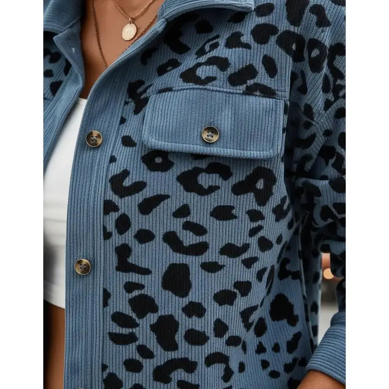 Contrast Rib Collar Leopard Print Corduroy Long Sleeve Shirt Jacket