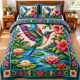 Jeweled Hummingbird Water Garden Quilted Bedding Set