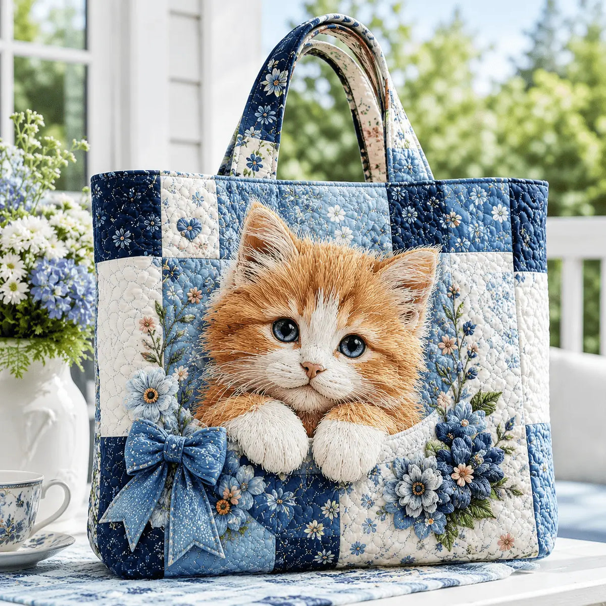 Orange Tabby & Blue Bow Floral Handmade Tote Bag