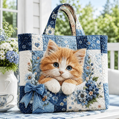 Orange Tabby & Blue Bow Floral Handmade Tote Bag