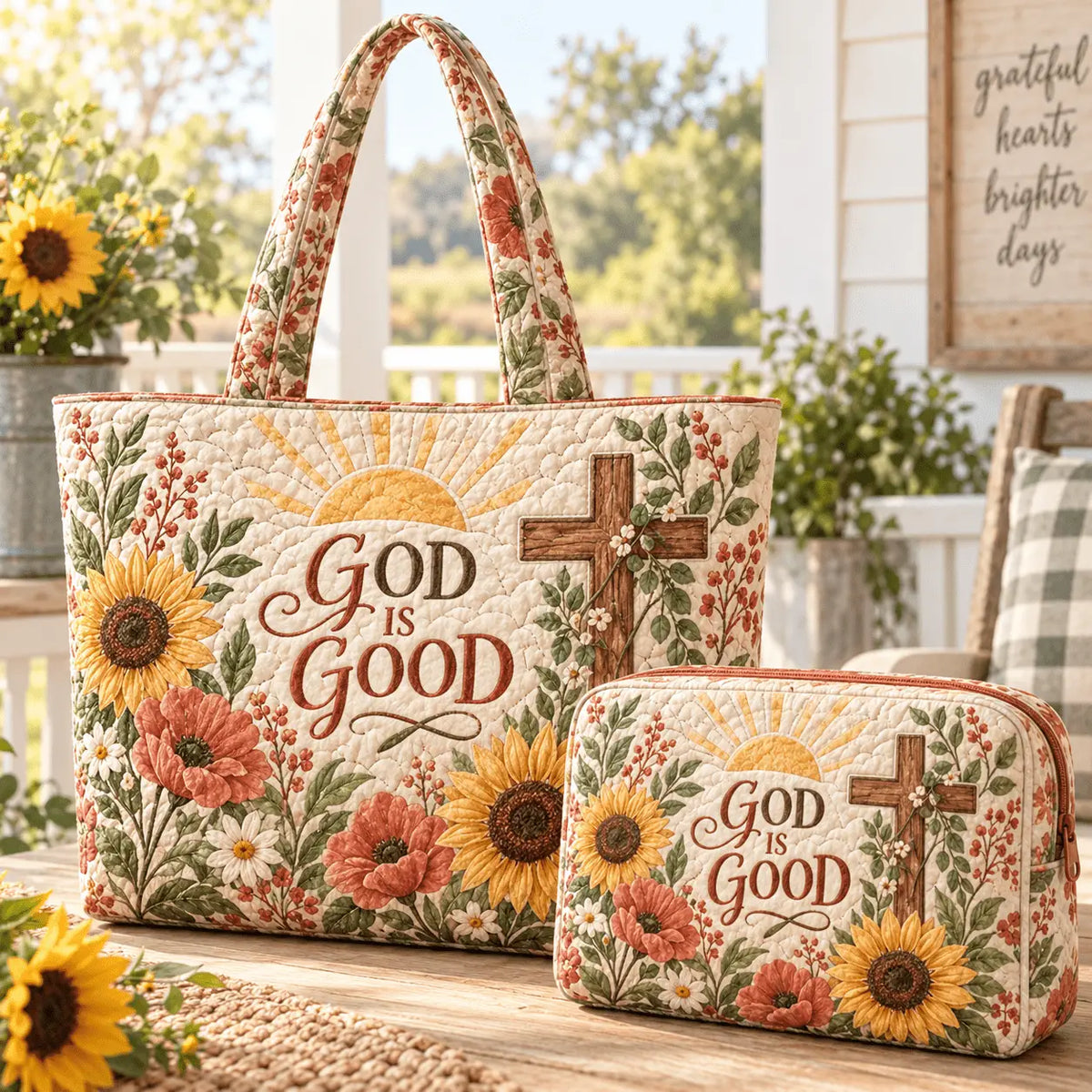 2pcs God Is Good Cross Quilted Tote Bag Set