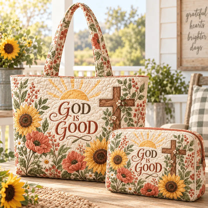 2pcs God Is Good Cross Quilted Tote Bag Set