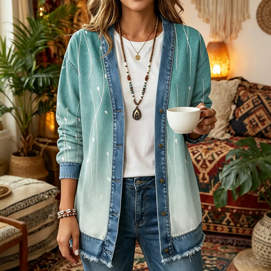 Mint Gradient Stem Print 3D Digital Printing Denim Shirt