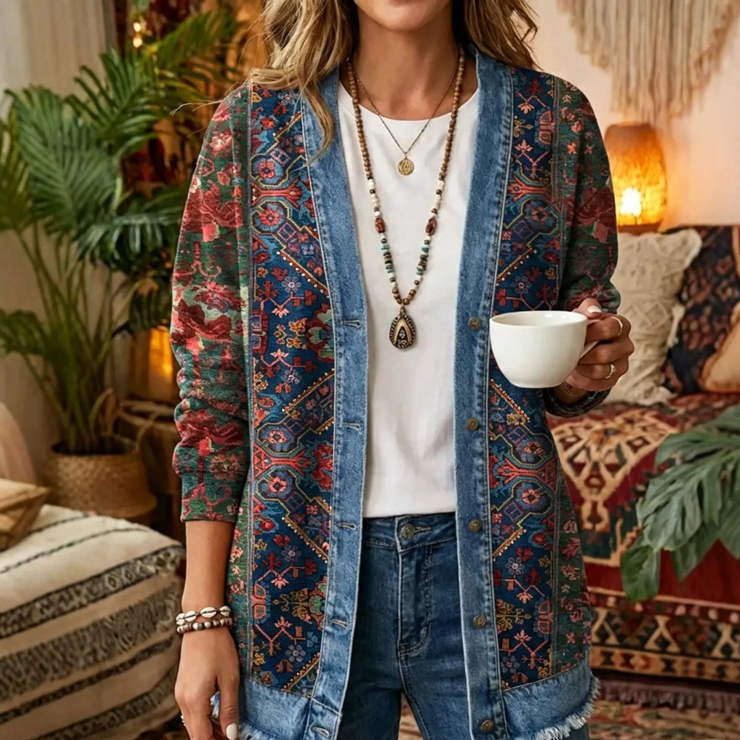 Ethnic Vintage Kilim 3D Digital Printing Denim Shirt