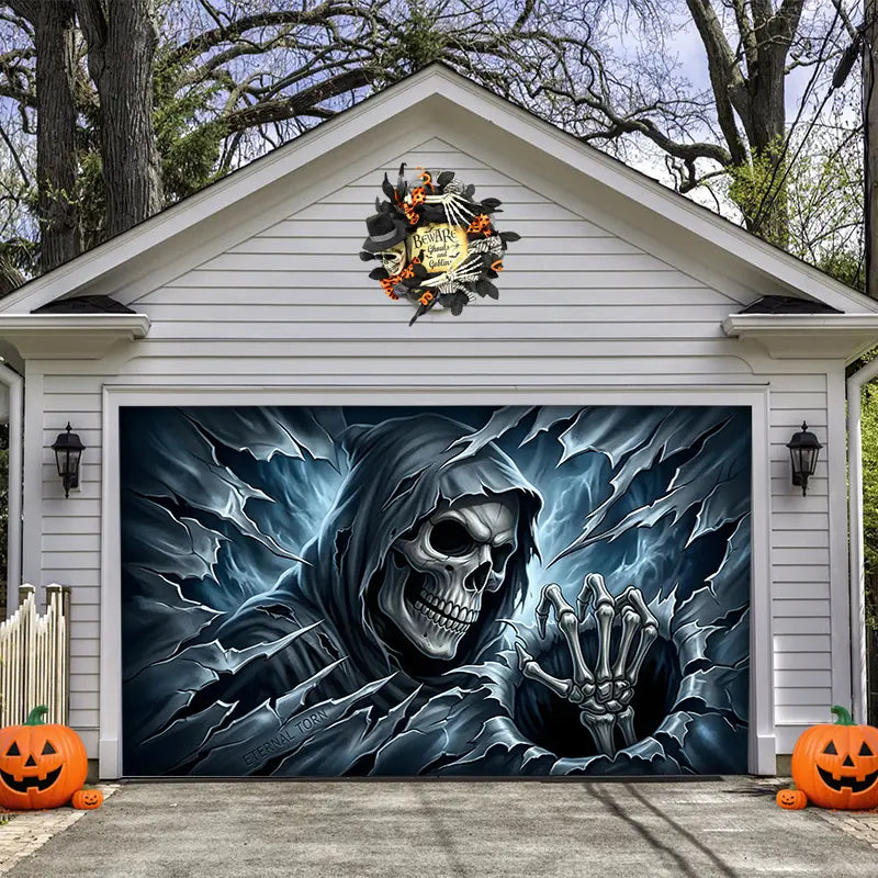 Skeleton Grim Reaper Break Halloween Garage Door Banner Decoration