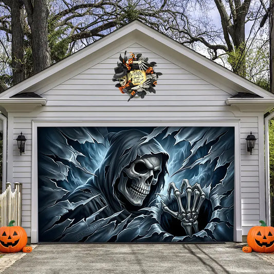 Skeleton Grim Reaper Break Halloween Garage Door Banner Decoration