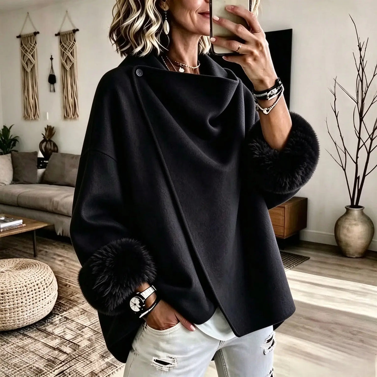 Wool-blend Jacket with An Asymmetric Faux-fur Cuff
